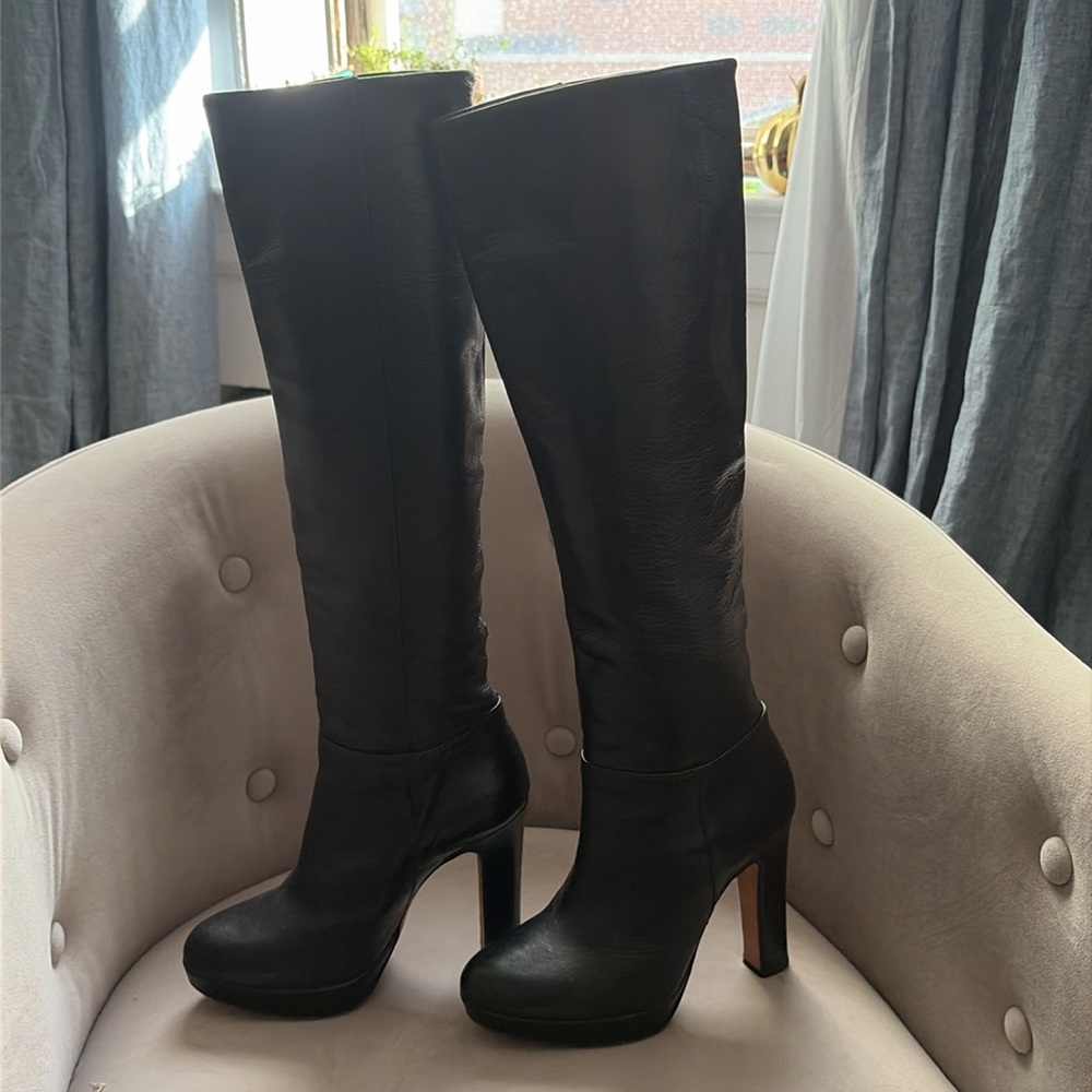 Women's Black Leather High Heel Knee Boots